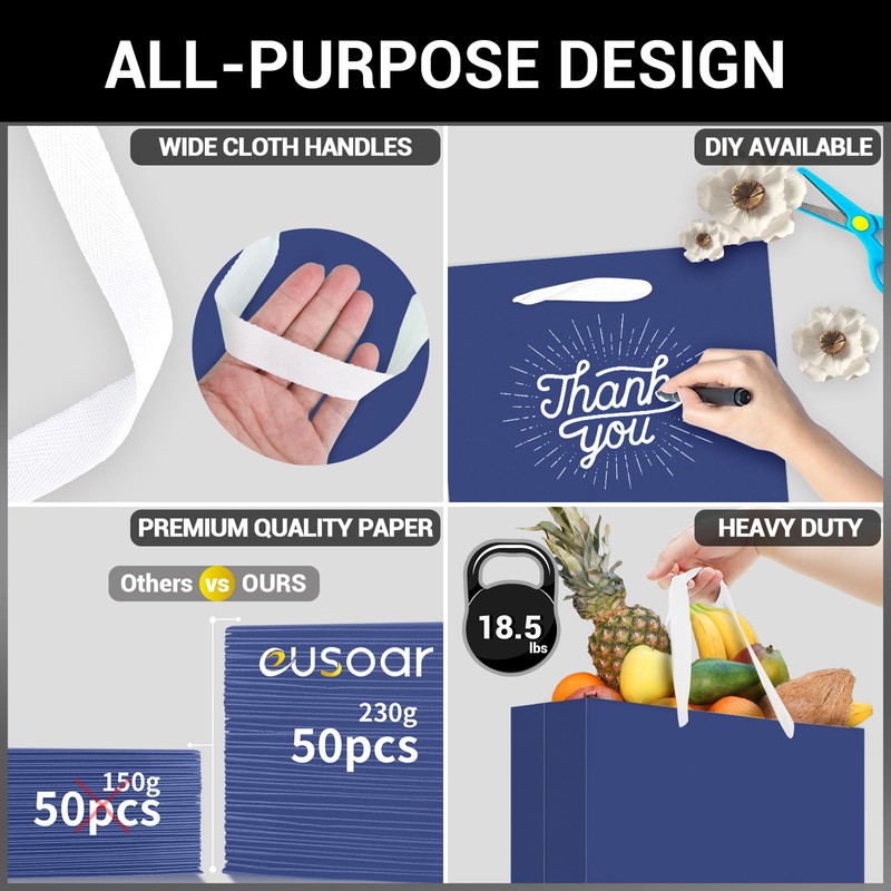 EUSOAR Blue Gift Bags Bulk, 50 Pack 16x6x12 inches Heavy