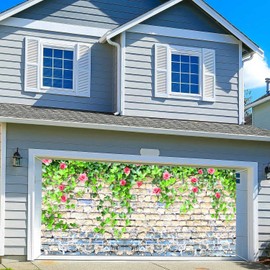 7X16ft Large Vintage Flower White Brick Wall Garage Door Background Decoration Nature Floral Ivy Green Leaves Covered Wall Photo Backdrop Bridal Baby Shower Birthday Party Decor Backdrop Banner