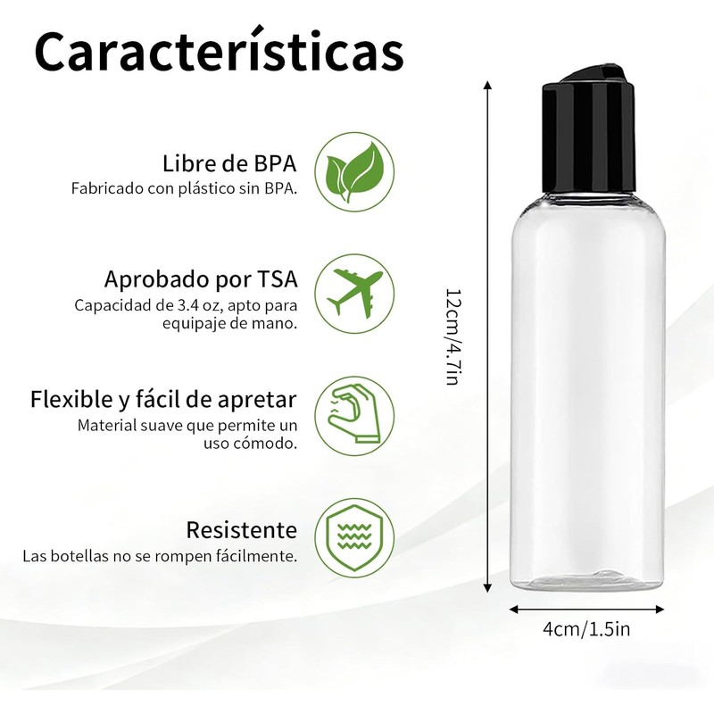 Janety 6 Piezas Botellas de Viaje Reutilizables 100 ml, Set
