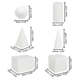 BELLE VOUS Geometric Shapes 3D White Foam (Pack of 6) - Solid Solid Geometry Shapes Styrofoam Body Foam Foam Floral Foam - Toy, Learning, School, Drawing, Math, Geometry