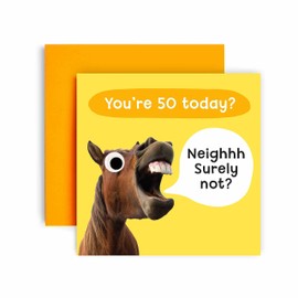 Huxters 50th Birthday Card – Funny Birthday Cards for Women and Men – Neigh Horse Joke Happy Birthday Card – Birthday Card for Him and Her – Carbon Neutral Birthday Card with Envelope (50th)