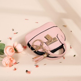 Zitokin Mini Tote Purse Keychain, Cute Tote Bag Coin Purse Keychain, Mini Backpack Keychain Wallet PU Leather (Pink)