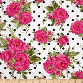 Timeless Treasures Fabric BTY Timeless Treasures Hot Pink Flower Polka Dot White Cotton Fabric By The Yard