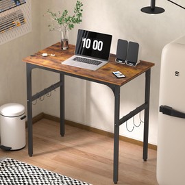 VECELO Small Computer Desk Water Proof Writing Desk with 4 Hooks Work Desk with Adjustable Feet Computer Desk for Small Space/Home Office/Dormitory 32 Inch,Rusic Brown