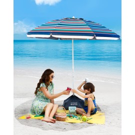 OutdoorMaster Beach Umbrellas for Sand with Sandbag & Anchor, 6.5ft Adjustable Umbrella for Beach Heavy Duty Wind, Portable UPF50+ Sunshade with Carry Bag for Patio, Blue Red Striped