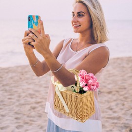 Woven Flower Basket Portable Flower Holder Straw Crossbody Purse Bathroom Shower Bag Storage Stand Clutch Purses for Women Wedding Rattan Bag Carry Picnic Bag Summer Miss Wicker