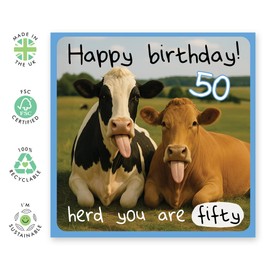 Funny 50th Birthday Card – Herd You Are Fifty Cow – Gifts for Him, Her, Brother, Sister, Friends, Bestie, BFF, Mates, Lad, Bro, Mum, Dad - Fiftieth - Comes with Stickers