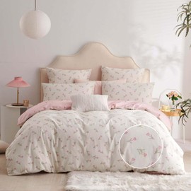 Freyamy Flower Bed Linen 135 x 200 cm 2-Piece Cotton White Pink Green Floral Leaves Plants Bed Linen Floral Pattern Girls Duvet Cover with Zip and Pillowcase 80 x 80 cm