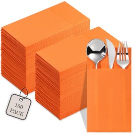 Disposable Napkins With Pocket For Flatware, 100-Pack Orange Napkins Paper For Wedding, Dinner Or Party, Built-In Pocket For Silverware, Prefolded