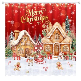 Fitumiw Merry Christmas Gingerbread House Shower Curtain 72" x 72" Candy House Gingerbread Home Bathroom Decorations Santa Xmas Trees Bathtub Curtain Set with 12 Hooks