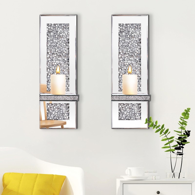 Crystal Crushed Diamond Mirrored Candle Sconces Set of 2, Glam