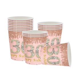 YAAVAAW Happy Birthday Paper Cups Rose Gold, 16Pcs Womens Party Cups, Decorations for Lady's 30th Birthday Party Supplies