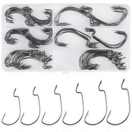 Bass Hooks Worm Hooks Ewg Hooks, 100pcs Offset Worm Hooks Texas Rig Hooks 3X Strong High Carbon Steel Fishing Hooks for Soft Plastic Bait Jig Fish Hooks for Bass Trout 1-5/0