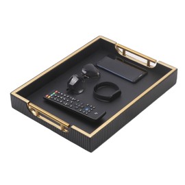 Wooden Structure Leather Decorative Tray, Decorative Coffee Table Square Tray, Farmhouse Counter PU Tray - Room Serving Trays Storage Tray, Brushed Champagne Gold Handle (Black)