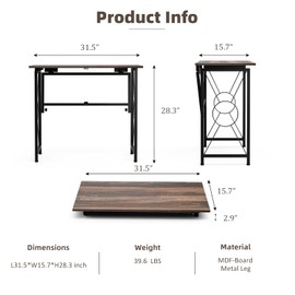 Frylr Computer Desk for Small Place, 31.5" Foldable Desk Home Office Desk, Black Metal Frame, Modern Industrial Style Study Writing Table, No Assembly Required, Classic Brown