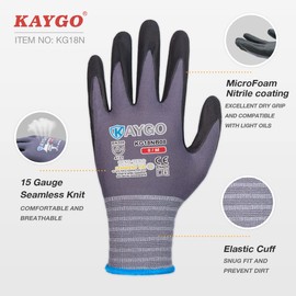 KAYGO KG18N Work Gloves for Men, 3 Pairs, Micro Foam Nitrile Coated, Breathable Nylon Protective Gloves, Non-Slip Grip, Lightweight, Oil Resistant, Ideal for Car Work, KG18N (Black, S, Size 7)