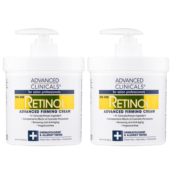 Advanced Clinicals Retinol Cream. Value Set- Two spa size 16oz bottles with pump. Best Anti-Wrinkle Cream with Retinol and Antioxidants. Ultimate firming cream for face, neck, hands, body.