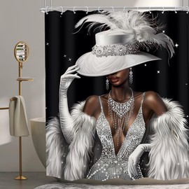 MESHELLY White Black Girl Shower Curtain 60Wx72H Modern Grey Silver Not Glittle African American Fashion Dress Diamond Luxury Bathroom Curtain Elegant Bathroom Accessories Decor Fabric with 12 Hooks