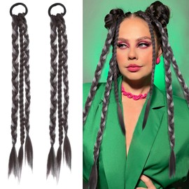 BASEMMAHER 2Pcs Braided Ponytail Extensions with Hair Ties Soft Synthetic Ponytail Wig Braided Extensions Hairpieces for Women Girls DIY Daily Wear Accessories (Grey)