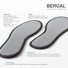 BERGAL Active Active Insoles with Activated Carbon 3 Pairs for Hygienic Fresh Feet, Climate Control for Leisure, Sports and Work Shoes, Size 44