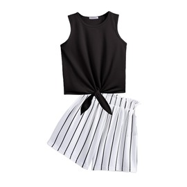 Girls Clothes Set Kids Summer Outfit Sleeveless Tie Knot Tank Top and Shorts 2 Pcs Clothing Sets 13-14 Years