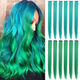 HUANLING 12PCS Colored Hair Extensions 21 inch Colored Party Highlights Straight Heat-resistant Synthetic Hairpieces Clip in Hair Accessories for Women(Green + Teal)