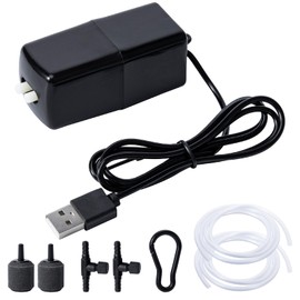 Gamdee USB Aquarium Air Pump Mini Air Pump Kit, Dual Outlet Aquarium Bubbler for Fish Tank, Quiet Small Fish Oxygen Pump with 2 Air Stones, Adjustable Air Valve, Silicone Tube (Black)