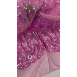 Mia Fabrics Inc. Heart Shape Sequins Fabric - Candy Pink 4 Way Stretch Damask Design Fabric Yard