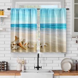 Jekeno Ocean Beach Kitchen Curtains - Summer Starfish Seashell Tropical Sea Sky View Print Decor Home Bedroom Living Room Rod Pocket Window Drapes 2 Panels Set, 56"x36"