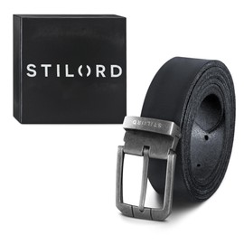 STILORD Men's Leather Belt Black for Business Casual Suit Jeans Men's Belt Universal Shortenable with Shabby Gift Box 34 mm Genuine Vintage Buffalo Leather, Colour: Antique Buckle - Silver V, Buckle