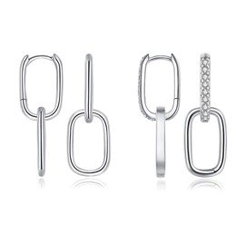 Cangall Convertible Link Earrings for Women, 2 Pairs 925 Sterling Silver Double Oval Hoop Earrings Set, Paperclip Link Chain Earrings, Hypoallergenic Silver Sleeper Earrings with Geometric Dangling