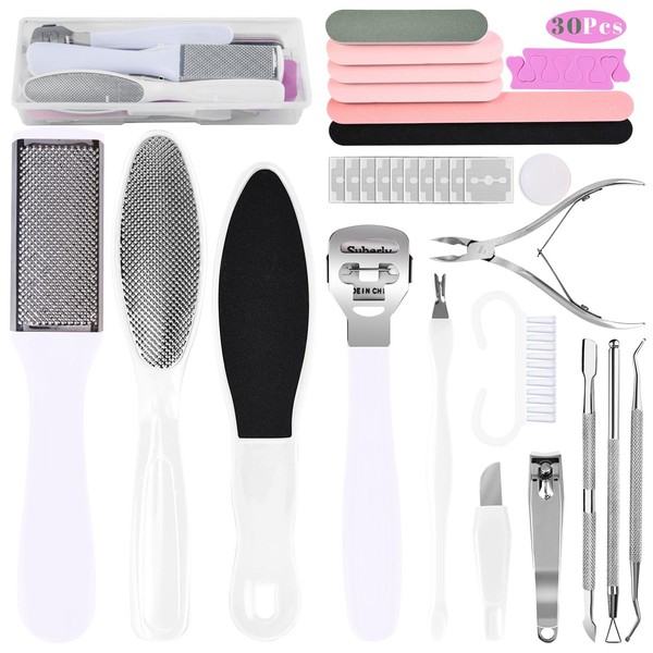 Foot File Pedicure Set, 30 in 1 Foot Files, Foot Care Kit, Callus Remover, Foot Scrub for Men and Women, Salon or Home (White)