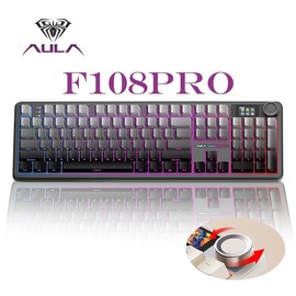 Aula F108 Pro Wireless Mechanical Gaming Keyboard, Full Size With Knob Smart Screen Num Pad Tri-Mode RGB Backlit Hot Swappable Customize Keyboard for Mac/PC/Android - Color: Blue & White & Black Purple