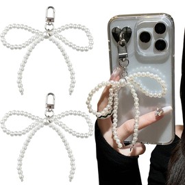 Pack of 2 Pearl Bow Keyrings, Y2K Pearl Bows Phone Charm Key Rings Cute Bow Bag Charms Carabiner Key Ring Bowknot Pendant Key Ring White Pearl Bead Bows Keychain Accessories, White