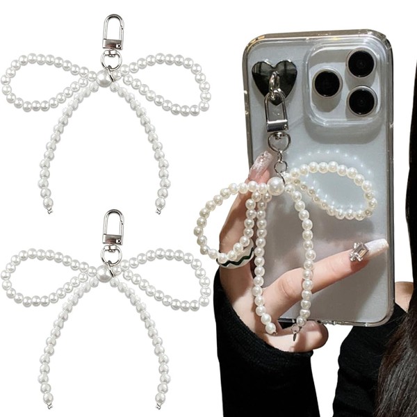 Pack of 2 Pearl Bow Keyrings, Y2K Pearl Bows Phone
