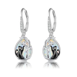 Opal Cat/Moonstone Cat Earrings 925 Sterling Silver Tree of Life Earrings Cat Earrings for Women Birthday Jewellery Gift for Cat Lovers, Silver, Opal