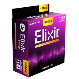 Elixir Cuerdas Strings de bronce fosforado para guitarra acústica con tecnología NANOWEB, luz personalizada (.011-.052), paquete de 4 unidades especia