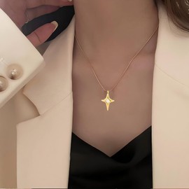 Four Point Star Necklace for Women Dainty Shell Cross Pendant Necklace Trendy Aesthetic Gold Charm Jewelry Gift (Gold)