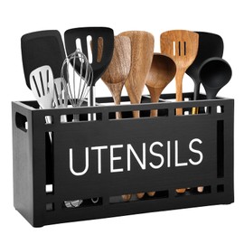 Karisky Utensil Holder for Kitchen Counter, Large 3 Compartments Solid Real Wood Utensil Caddy Organizer with 4 Non-Slip Pads, Rectangular Cooking Tools Storage for Countertop, Black