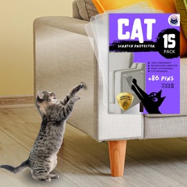 Lilu Pets Cat Scratch Furniture Protector 15 Pack Self-Adhesive Clear Sheets Large Sizes (9 Pack 17x12 Inch & 6 Pack 17x10 Inch) and 86 Invisible Twist Pins, Scratch Deterrent Couch Corner Protectors.