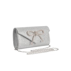 QWINEE Women's Elegant Rhinestone Bow Glitter Handbag Chain Strap Flap Mini Evening Clutch Purse Silver One Size