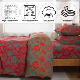 FADFAY Double Gauze 100% Cotton Floral Duvet Cover Sets Queen Luxury Rose Pattern Comforter Cover Shabby Vintage Style Bedding for All Season Soft Breathable Reversible Bed Cover 3Pcs