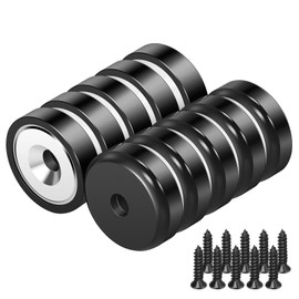 Wukong Pack of 10 16 x 5 mm Black Neodymium Magnets Extra Strong 6 kg Force with Hole and Capsule, Countersunk Pot Magnet with Screws for Whiteboard, Fridge, Kitchen Workplace