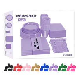 CLIYTICA Lavender Plastic Plates Party Supplies,Plastic Dinnerware Sets - Disposable 9" Plates,7" Dessert Plates, Napkins,Cups,Forks & Tablecloth - for Birthday,Wedding,Graduation (30 Guest)