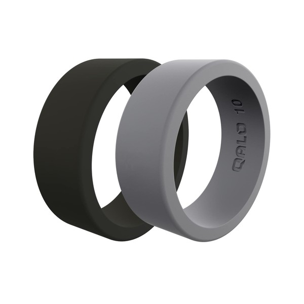 QALO Men's Basic Rubber Silicone Ring Bundle, Rubber Wedding Band, Breathable, Durable Rubber Wedding Ring for Men, 8mm Wide 2mm Thick, Black & Grey, Size 10