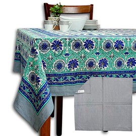 Floral Tablecloth for Rectangle Tables, Cotton Floral Kitchen Dining Table Cloth and Napkin Bundle, Table Linen White Gray Turquoise Blue, Table Cover for Indoors and Outdoors 70 x 104 in