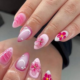 MISUD Press on Nails - Medium Almond Glue on Nails with Summer Pink, Acrylic Handmade Flower Design 24 pcs