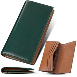 GS 22045 Men's Bi-Fold Wallet, Long Wallet, Leather, Genuine Leather, Large Capacity, Thin, Coin Purse, Simple, Men's, Stylish, Father's Day, Gift, Green + Brown (Genuine Leather) 22045