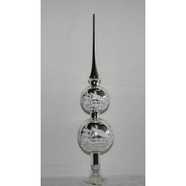 'XXL "Silver Winter Landscape Hand-Blown Hand-Painted" Jingle Bells Lauscha Christmas Tree Topper
