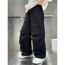 Jofemuho Boys Baggy Cargo Pants Multi Pocket Casual Trousers Streetwear 9-10 Years Black